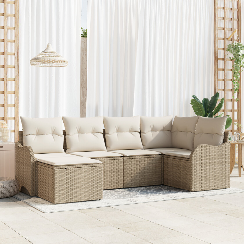 6-delers hagesofa sett med puter beige poly rotting, 2-seters hagesofa med puter beige poly rotting