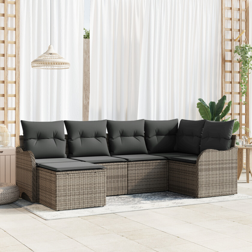 6-delt Hagesofa Set med Puter Grå Poly Rattan, 2-seters Hagesofa med Lagring & Puter Grå Poly Rattan
