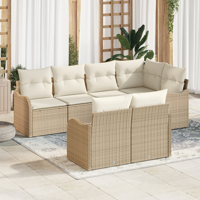 7-delt hagesofa sett med puter beige poly rattan, 2-seters hagesofa med puter beige poly rattan