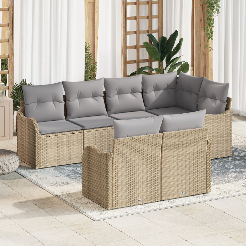 7-delt hagemøbelsett med puter Beige poly-rattan, 2-seters hagesofa med puter Beige poly-rattan