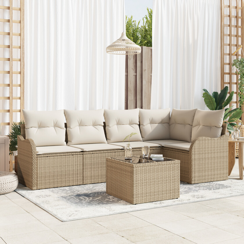 6-delt Hagesofa Set med Puter Brun Poly Rottning, 2-seters Hagesofa med Puter Beige Poly Rottning