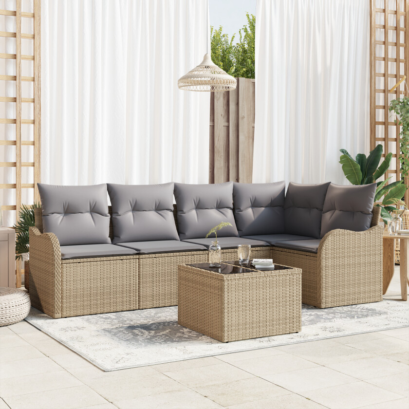 6 Delt Hagesofa set med Puter Svart Poly Rattan, 2-seters Hagesofa med Puter Beige Poly Rattan
