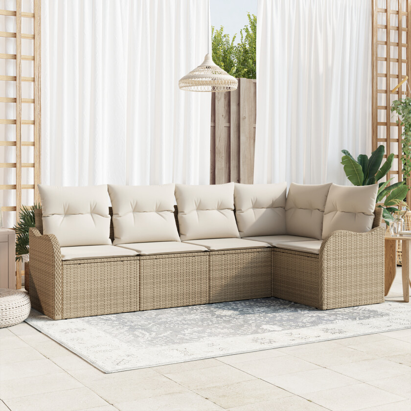 5-delers hagesofa sett med puter i beige poly rotting, 2-seters hagesofa med puter i beige poly rotting