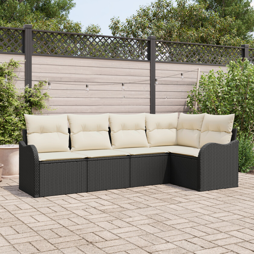 5 Delt Hagesofa Set med Puter Svart Poly Rattan, 2-seter Hagesofa med Puter Svart Poly Rattan