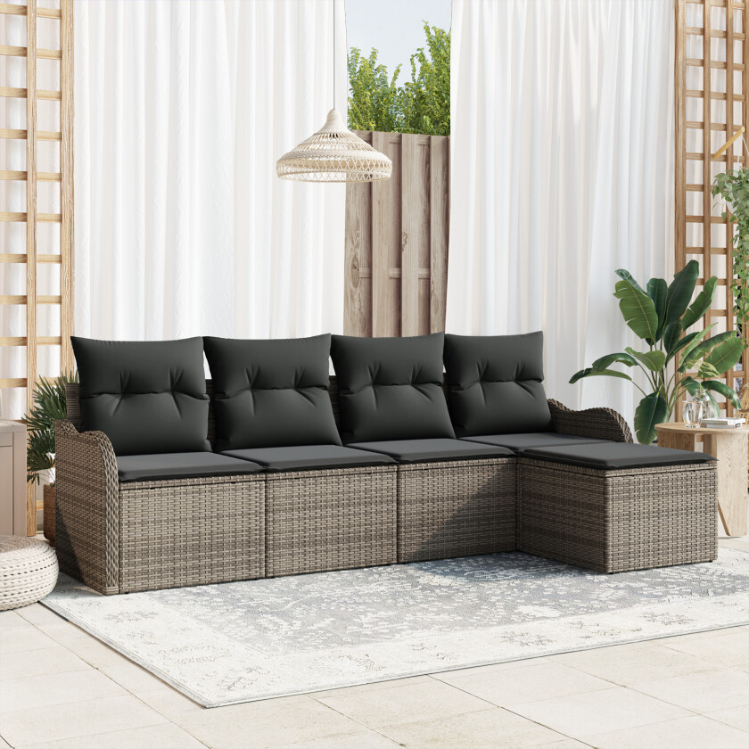 5 Delt Hagemøbel Sofa Set med Puter Grå Poly Rattan, 2-seters Hagemøbelsofa med Puter Grå Poly Rattan