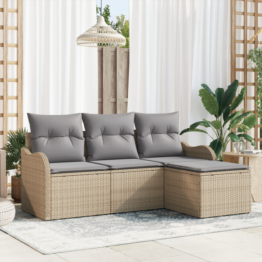 4-Delt Hagesofa Sett med Puter Beige Poly Rattan, 2-seters Hagesofa med Puter Beige Poly Rattan