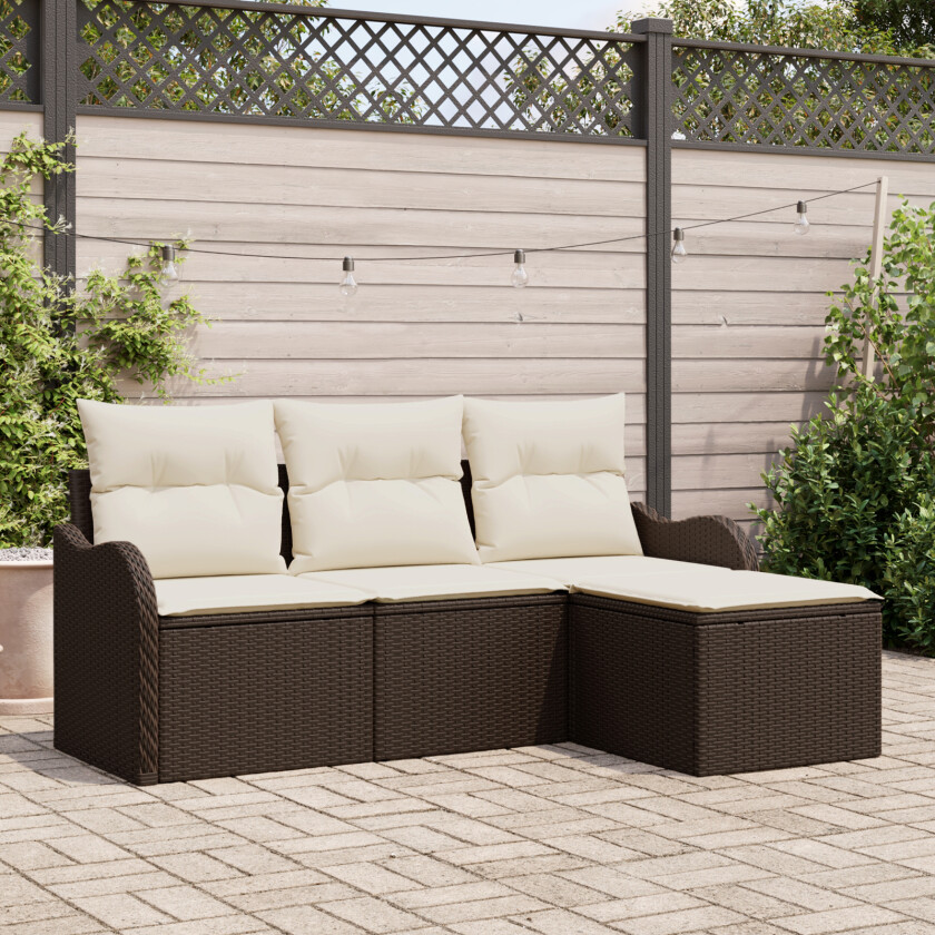 4 Delt Hage Sofa Set med Puter Brun Poly Rattan, 2-seters Hage Sofa med Puter Brun Poly Rattan