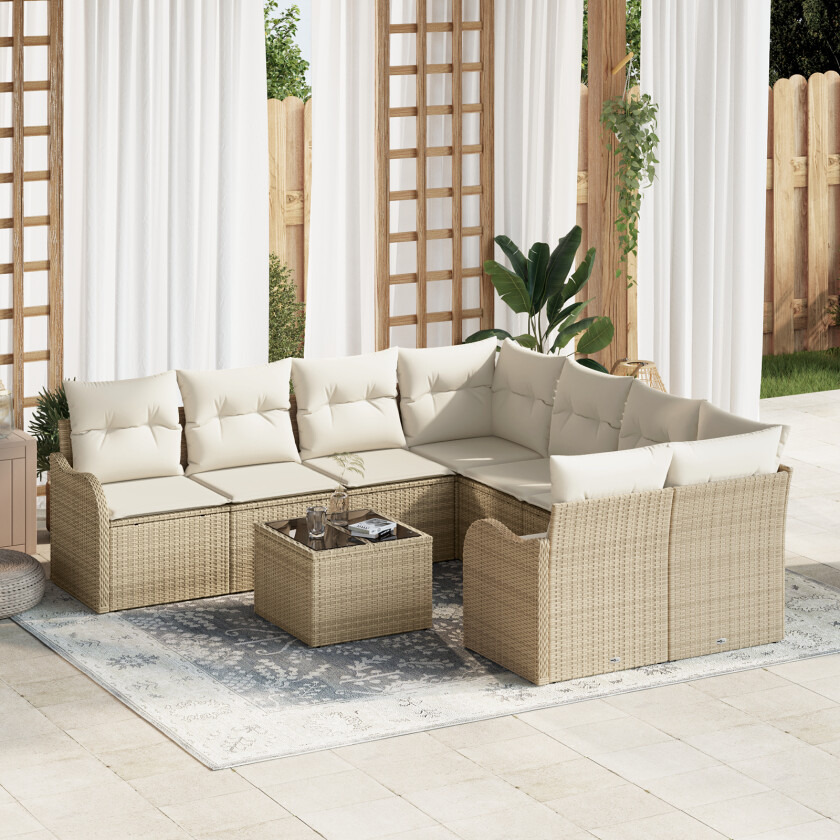 9-delt hagemøbelsett med puter Beige Poly Rattan, 2-seters hagemøbel med puter Beige Poly Rattan