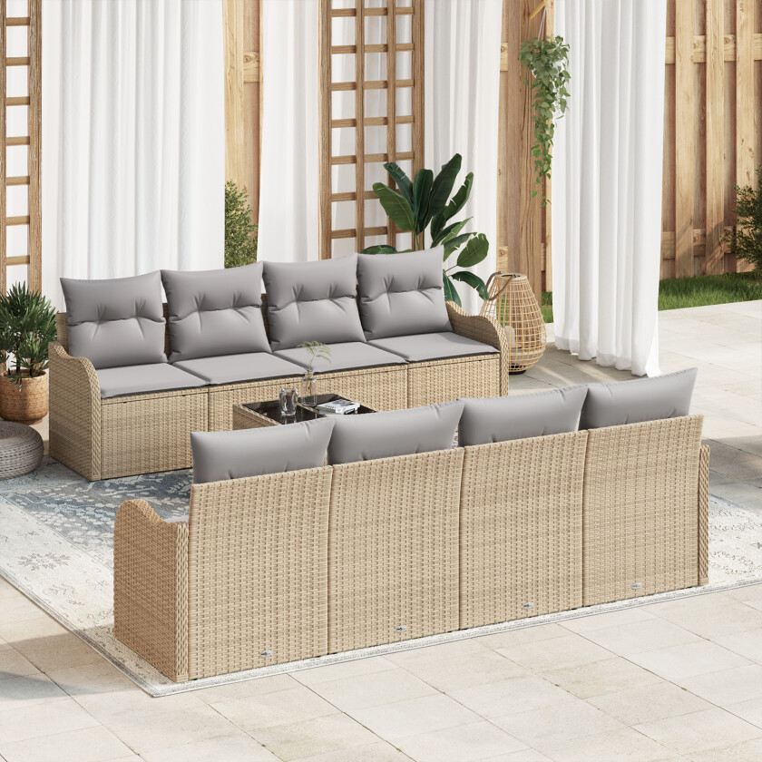 9-delt Hage Sofa Set med Puter Beige Poly Rattan, 2-seters Hage Sofa med Oppbevaring & Puter Beige Poly Rattan
