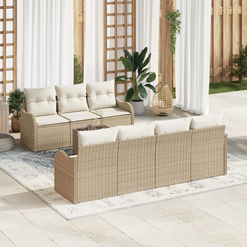 8 Delt Hage Sofagruppe med Puter Beige Poly Rattan, 2-seters Hage Sofa med Puter Beige Poly Rattan