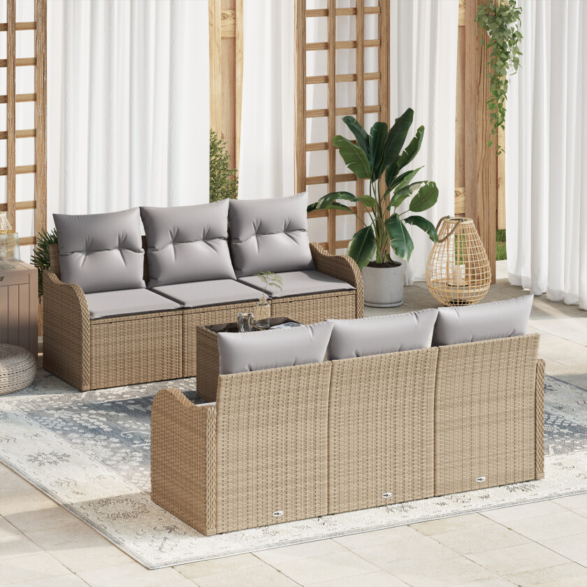 7-delt Hage Sofa Set med Puter Beige Poly Rattan
