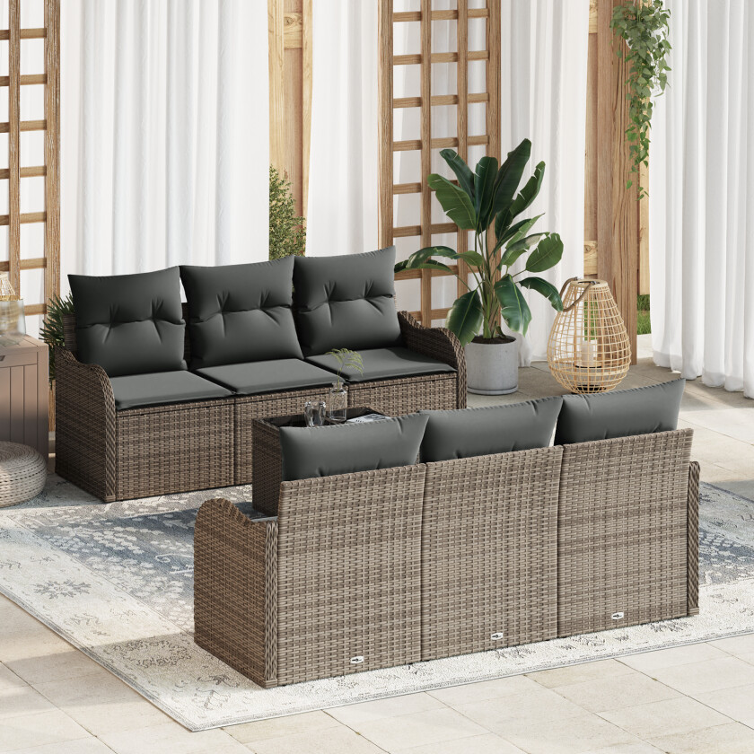 7-piece Hagesofa-sett med Puter Grå Poly Rattan