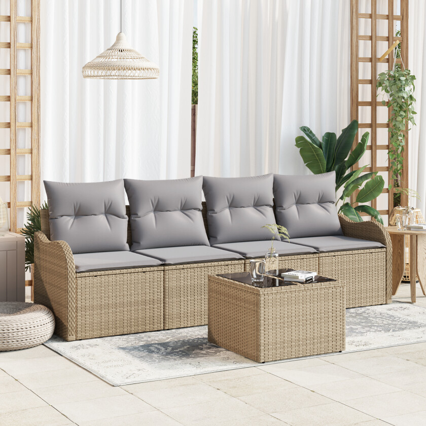 5-delers hagesofa med puter beige poly rattan, 2-seters hagesofa med puter beige poly rattan