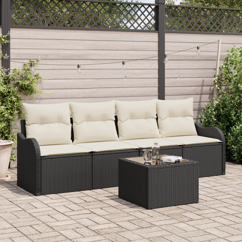 5 Delt Hage Sofa Set med Puter Svart Poly Rattan, 2-seters Hage Sofa med Puter Svart Poly Rattan