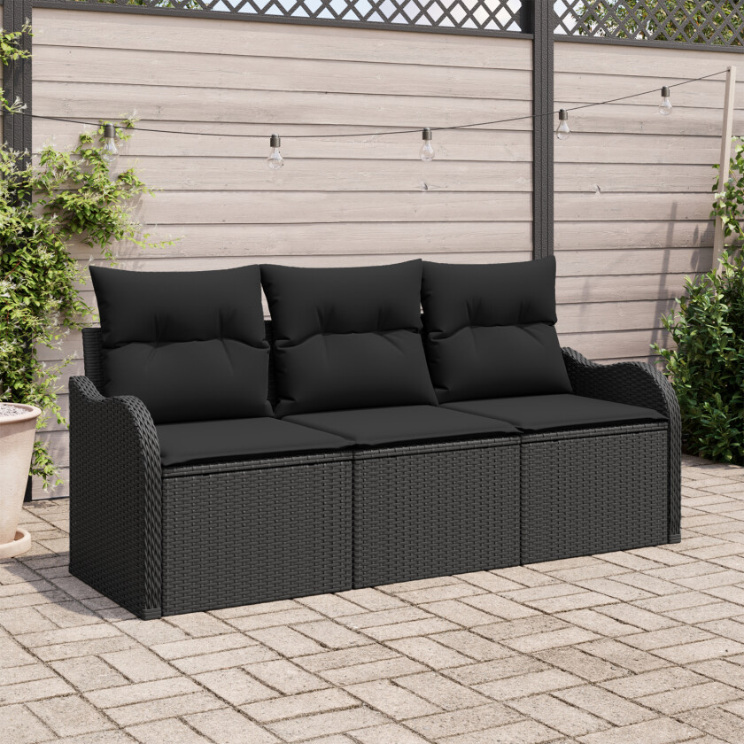3 Delt Hagesofa Sett med Puter Svart Poly Rattan