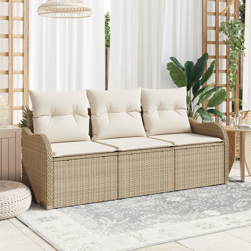 3-delt hagesofa sett med puter beige poly rattan