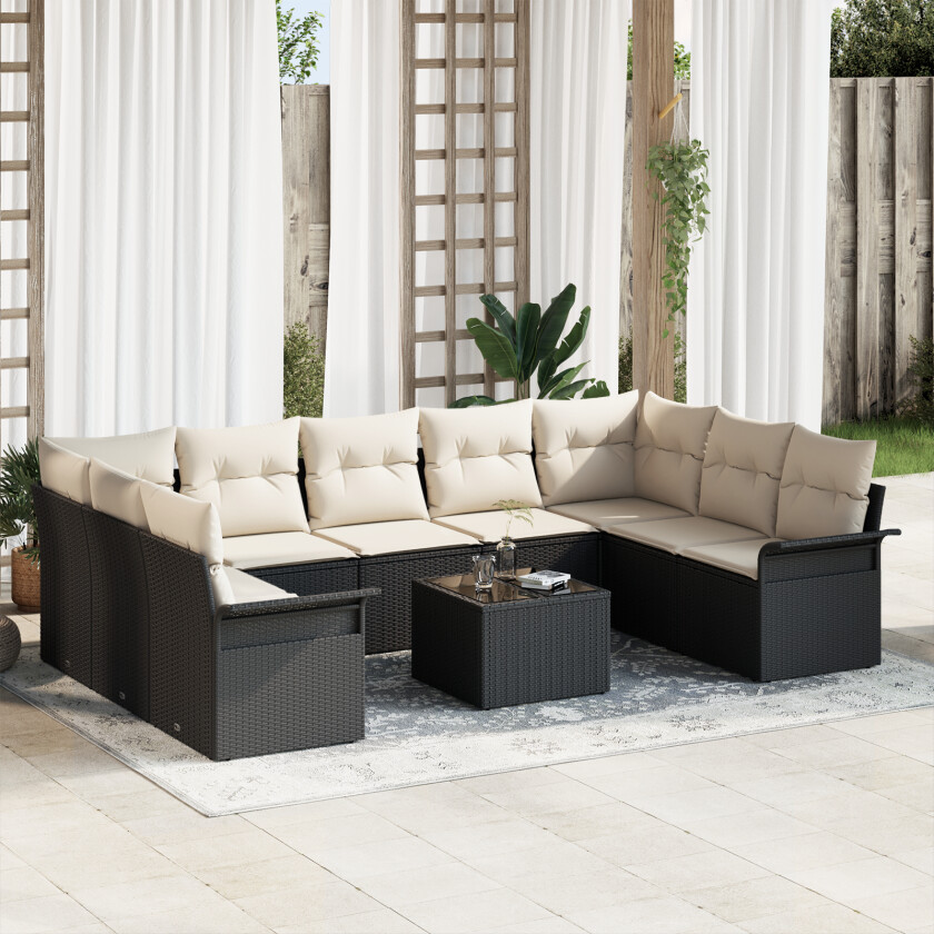 9 Delt Hagesofa Set med Puter Brun Poly Rattan
