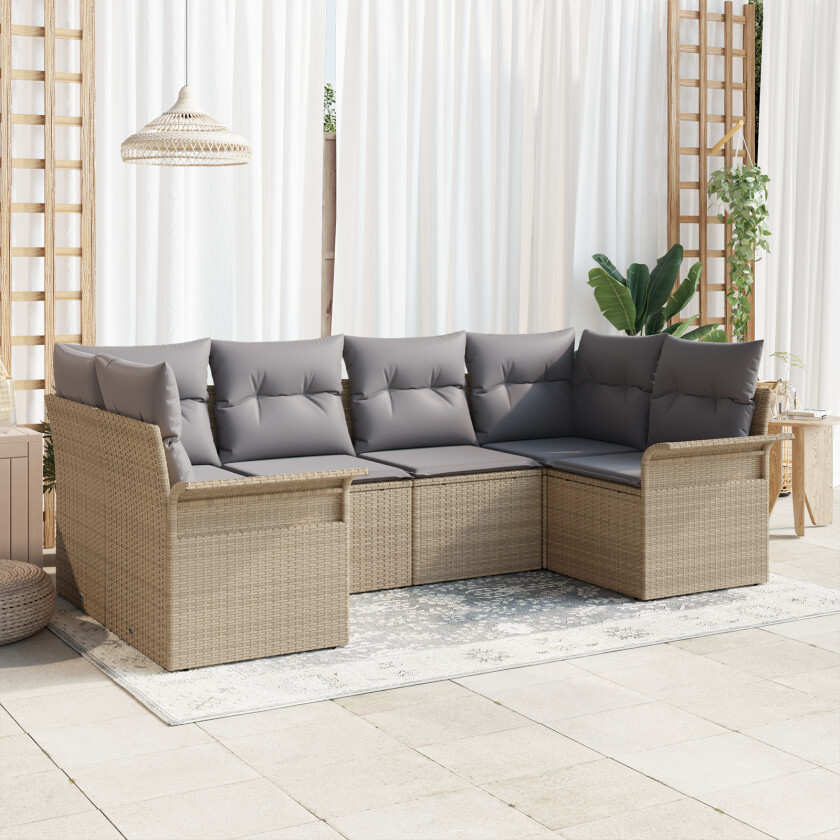6 Delt Hage Sofa Sett med Puter Beige Poly Rattan