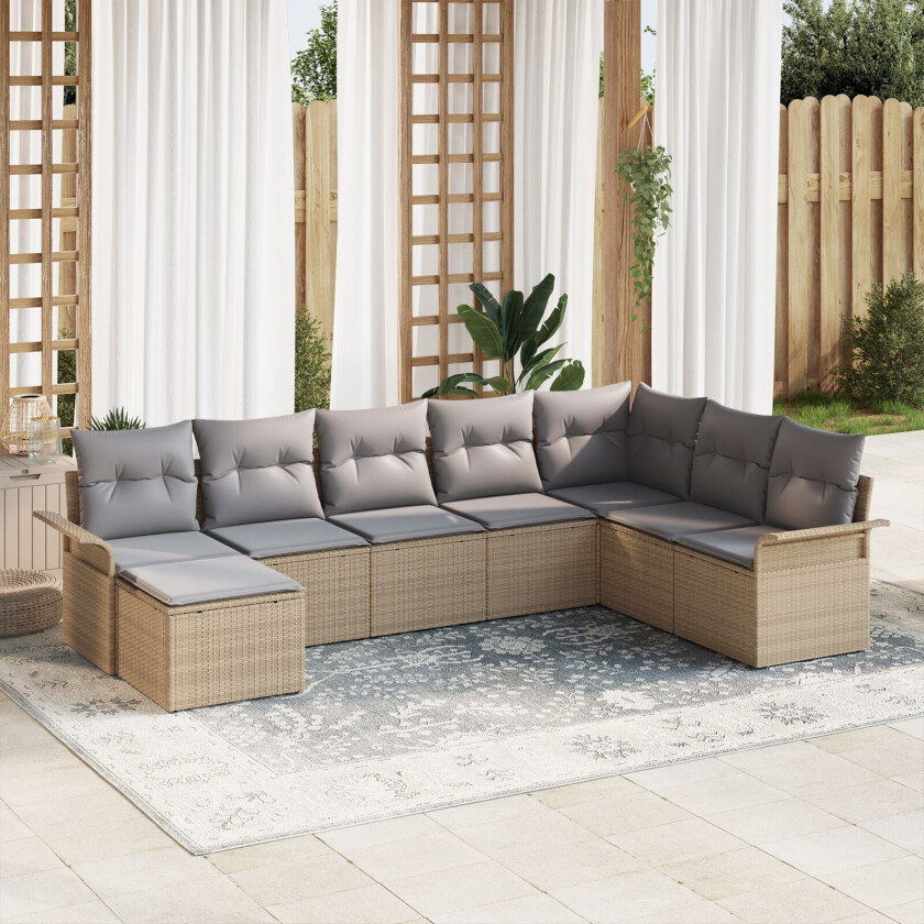 8-delt Hagesofa Set med Puter Beige Poly Rattan