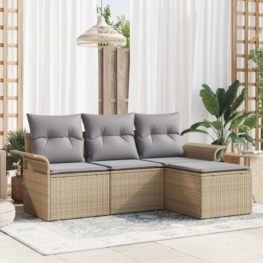 4-delt Hagesofa Sett med Puter Beige Poly Rattan