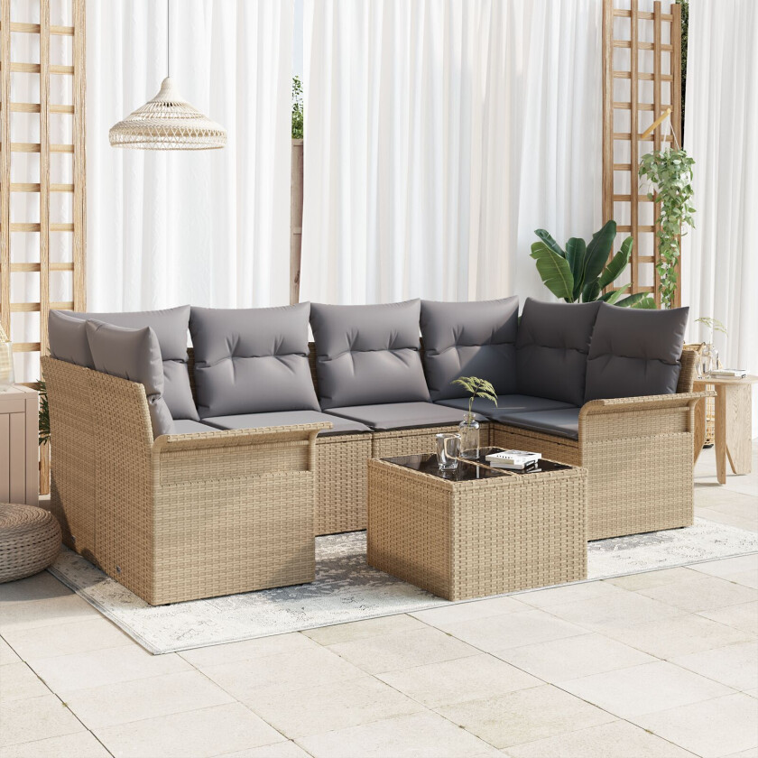 7-delt Hagesofa-sett med Puter Beige Poly Rattan