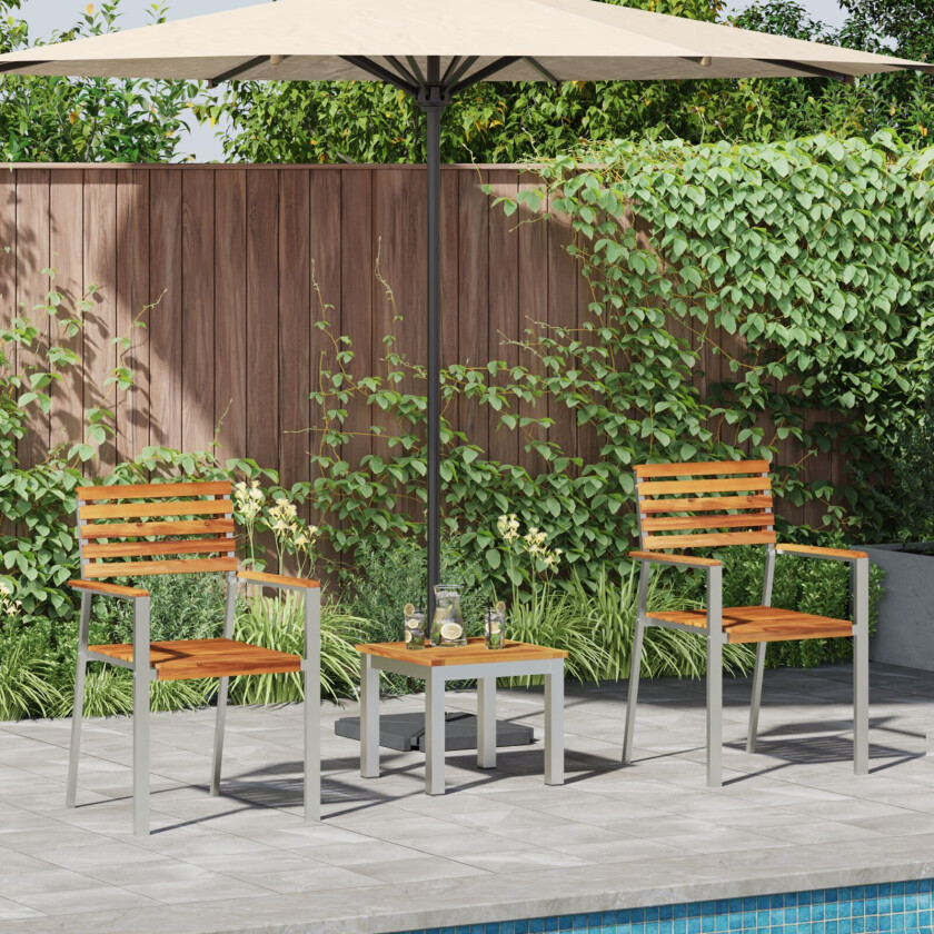 3-delt Hagemøbelsett Massivt Tre Teak, Stablebare Hagemøbler 2 pcs Massivt Tre Teak og Stål