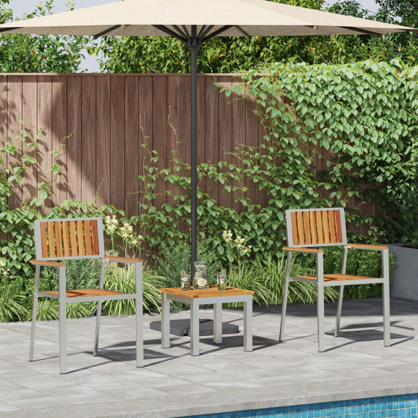 3-delt hage spisebordsett massivt akasietre, stabler hage stoler 2 stk massivt akasietre og metall