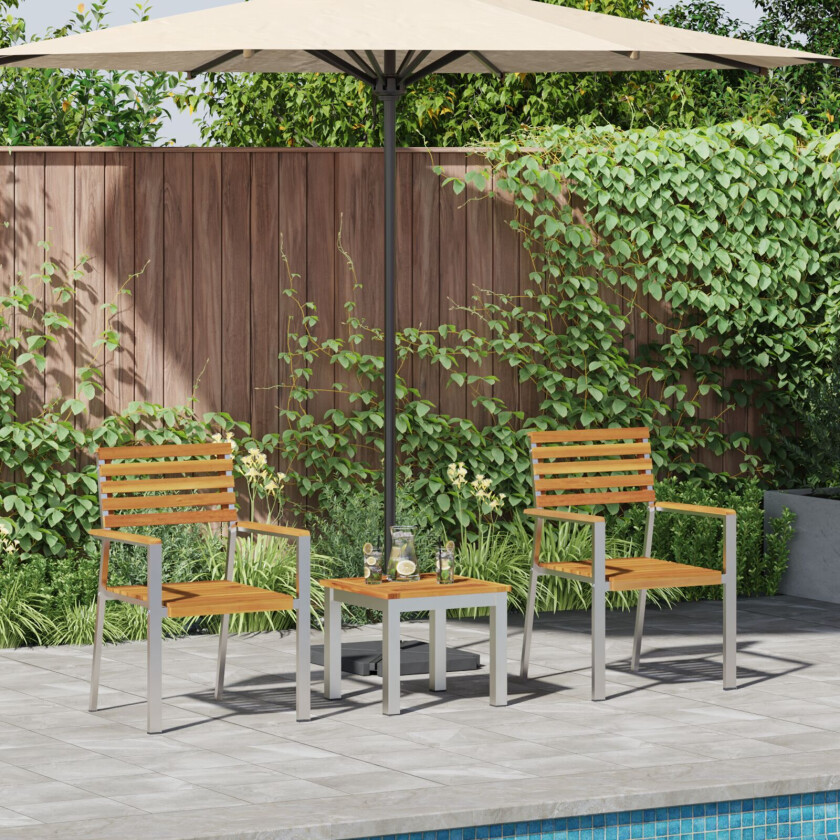 3 Delt Hage Spisegruppe i Solid Akasietre, Stable Hage Stoler 2 stk Solid Akasietre og Stål