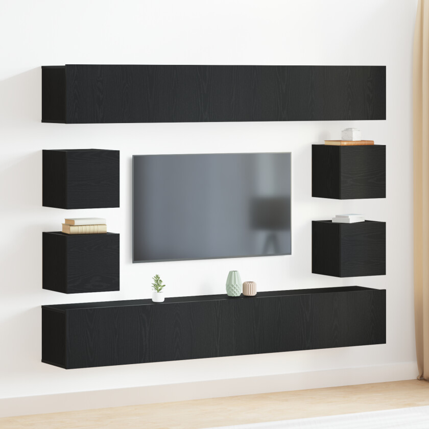 6-delt TV-skap sett veggmontert svart eik konstruert tre, veggmonterte TV-skap 2 stk svart eik 30.5x30x30 cm, svart eik veggmontert TV-skap 100x30x30 cm laget av konstruert tre