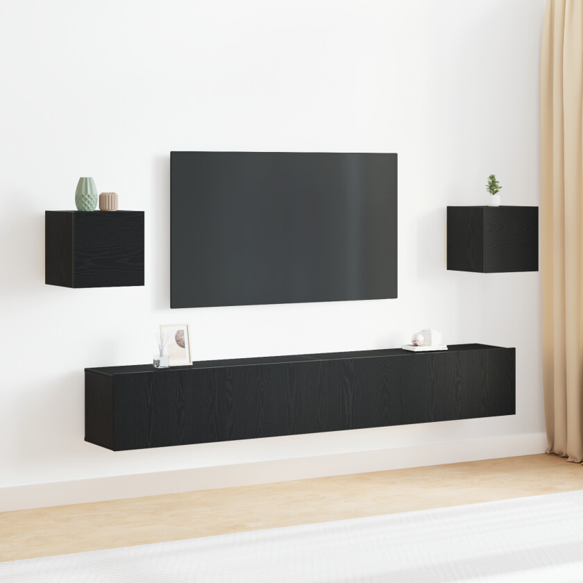 6-delt TV-kabinettsett vegghengt svart eik konstruert tre, vegghengte TV-kabinett 2 stk svart eik 30.5x30x30 cm, svart eik vegghengt TV-kabinett 100x30x30 cm laget av konstruert tre