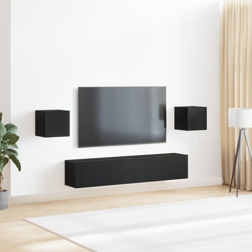6 delers TV skap sett svart eik konstruert tre, TV veggskap (sett med 2) - svart eik, 80x30x30 cm, laget av konstruert tre, veggmonterte TV skap 2 stk svart eik 30.5x30x30 cm