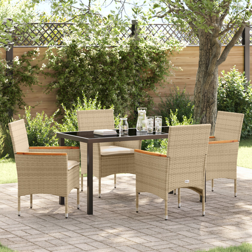 5-delt Hage Spisegruppe med Puter Beige Poly Rattan, Hagetabell Svart 140x80x73 cm Herdet Glass