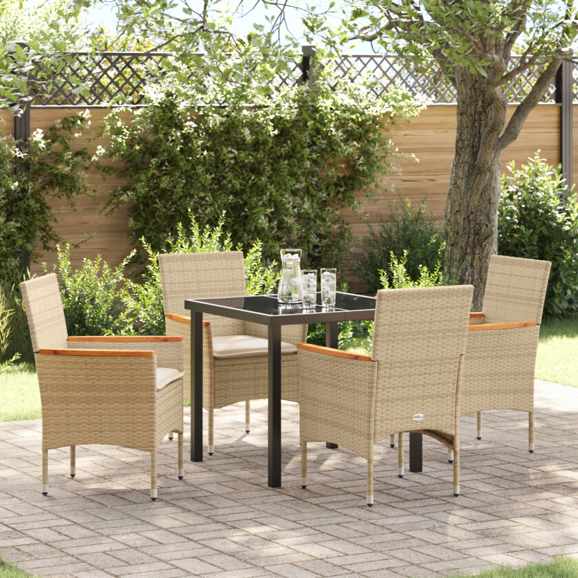 5-Delt Hage Spisegruppesett med Puter Beige Poly Rattan, Hagebord Sort 80x80x73 cm Temperert Glass