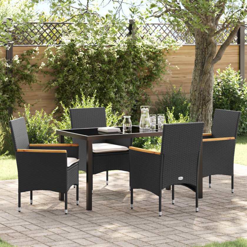 5-delt hage spisestuebord med puter svart rattan, hagebord svart 140x80x73 cm herdet glass