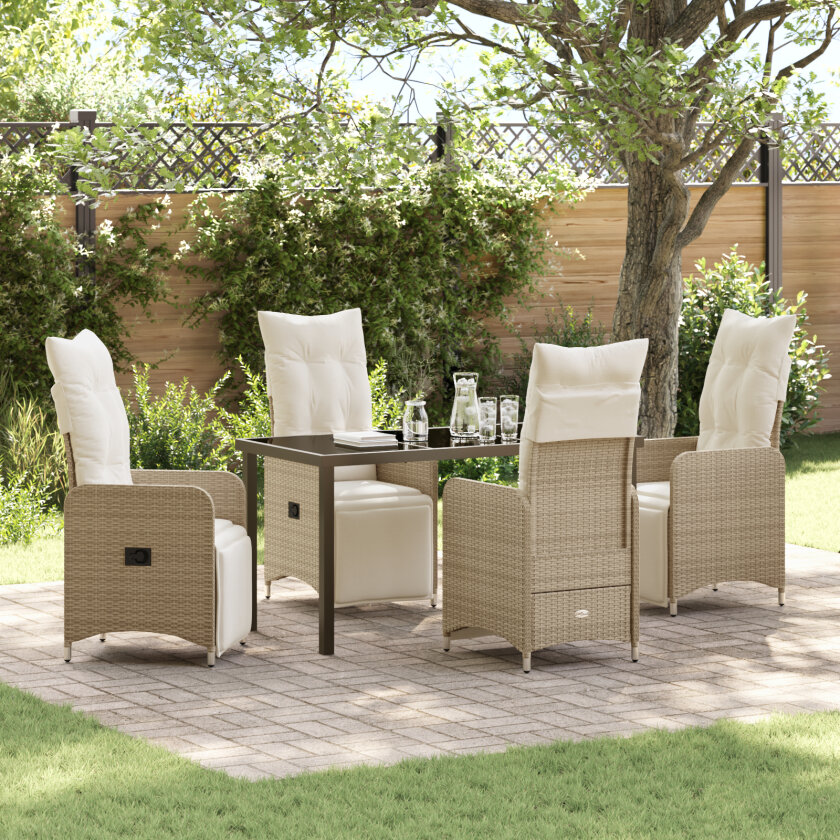 5 Delers Hage Spisebordsett med Puter Beige Poly Rattan