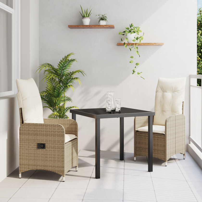 3 Stykke Hage Spisebord Sett med Puter Beige Poly Rattan