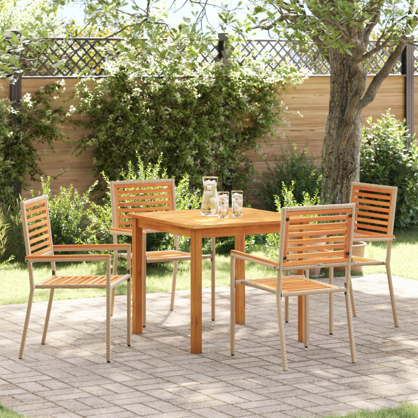 5-delt hage spisegruppe beige poly rattan akacia, stablebare hage stoler med puter - sett med 2 i beige poly rattan