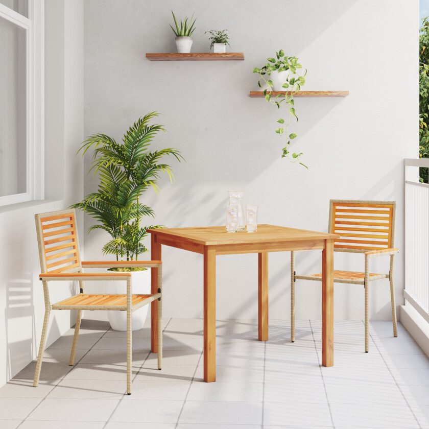 3-delt hagemiddagssett Beige Poly Rattan Akacia, Stabelbare hagenstoler med puter - Sett med 2 i Beige Poly Rattan