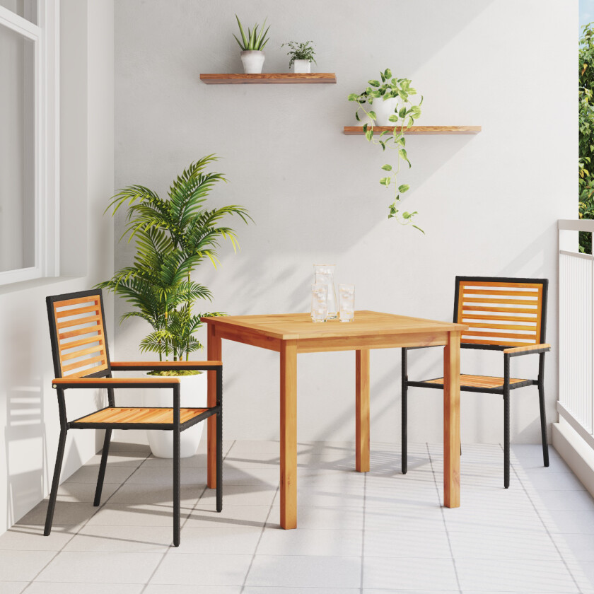 3-delt hagedining-sett svart poly rattan akasie, stablebare hagemøbler med puter 2 stk svart poly rattan