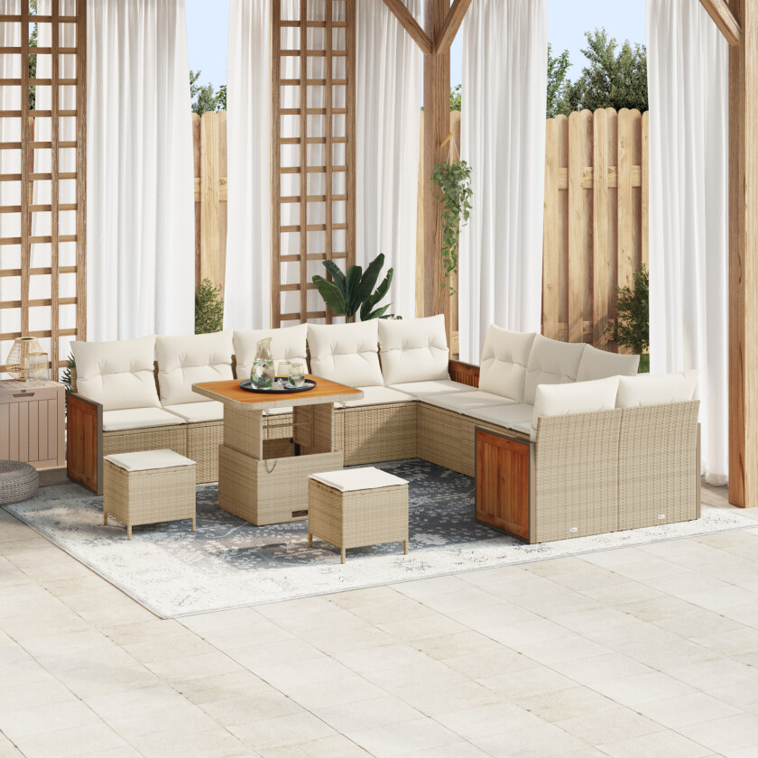 13-delt Hage Sofa Set med Puter Beige Poly Rattan Akasie, 3-delt Hage Spisebordsett med Puter Beige Poly Rattan Akasie