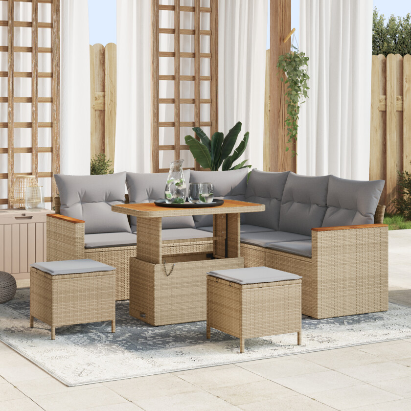 8-delt Hage Sofa Set med Puter Beige Poly Rattan Akacia, 3-delt Hage Spise Set med Puter Beige Poly Rattan Akacia