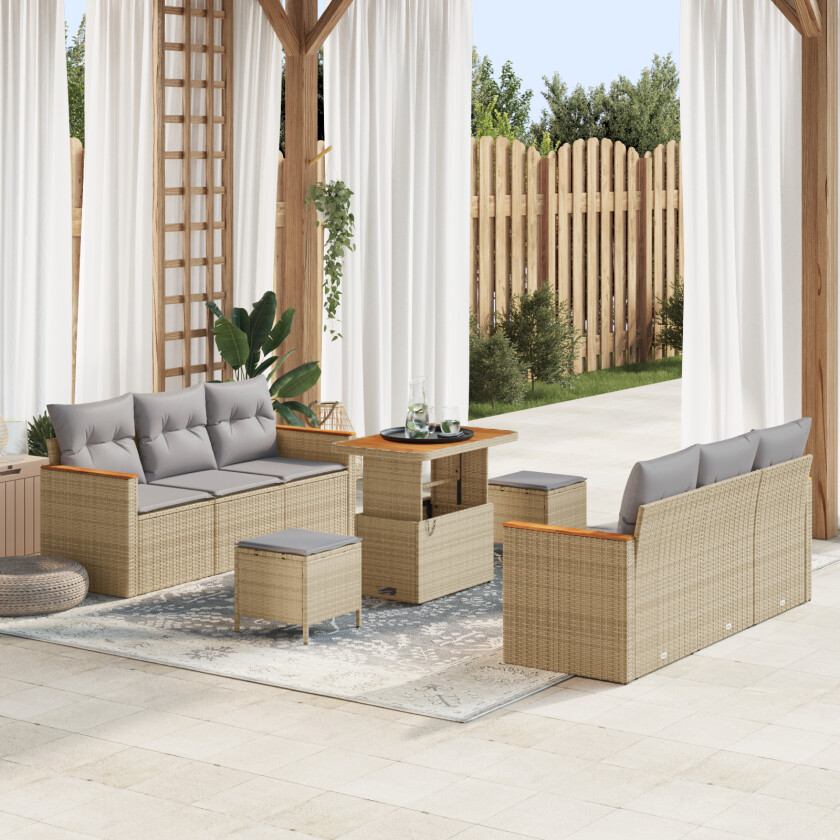 9 Delt Hagesofa Set Med Puter Beige Poly Rattan Akacia, 3 Delt Hage Spise Set Med Puter Beige Poly Rattan Akacia