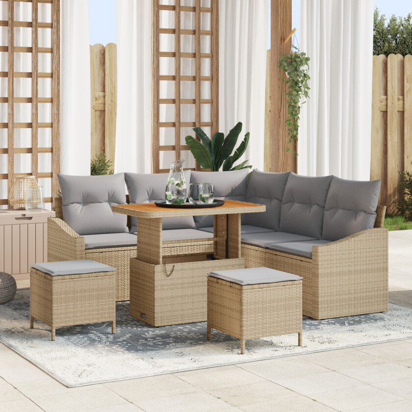 8 Delt Hagesofa Sett Med Puter Beige Poly Rattan Akasie, 2-seters Hagesofa med Oppbevaring & Puter Beige Poly Rattan, 3 Delt Hage Spisesett Med Puter Beige Poly Rattan Akasie
