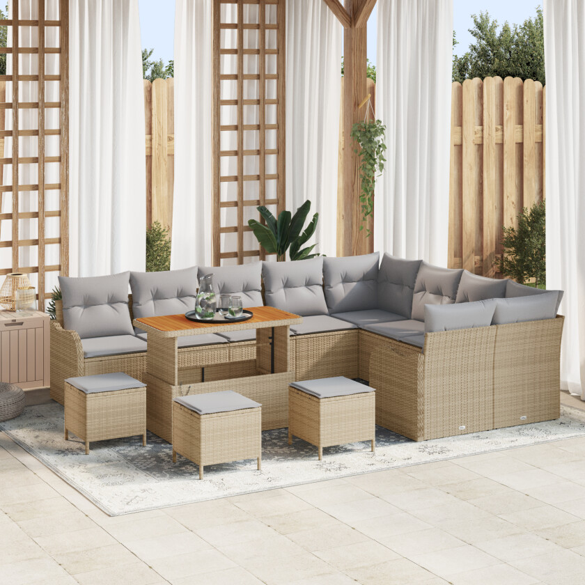 13-delt hagesofa-sett med puter beige poly rattan akacie, 2-seters hagesofa med oppbevaring og puter beige poly rattan, 4-delt hage spisegruppe med puter beige poly rattan akacie