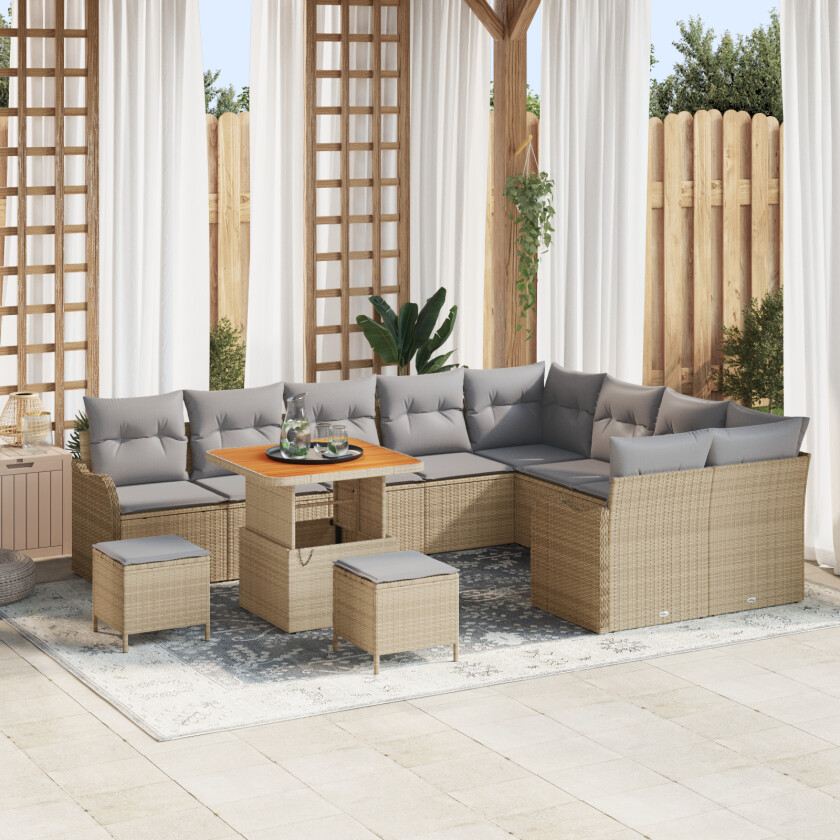 12-delt Hagesofa Set med Puter Beige Poly Rottning Akacia, 2-seter Hagesofa med Oppbevaring & Puter Beige Poly Rottning, 3-delt Hage Spise Sett med Puter Beige Poly Rottning Akacia