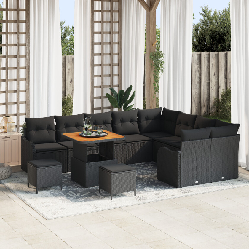 12 Delers Hagesofa Set med Puter Svart Poly Rottning Acacia, 2-seters Hagesofa med Oppbevaring & Puter Svart Poly Rottning, 3 Delers Hage Spisesett med Puter Svart Poly Rottning Acacia