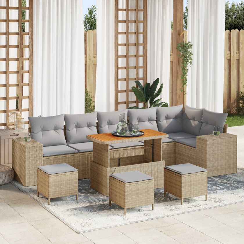 10-delt Hagesofa Set Med Puter Beige Poly Rottning Akacia, 4-delt Hage Spisesett Med Puter Beige Poly Rottning Akacia