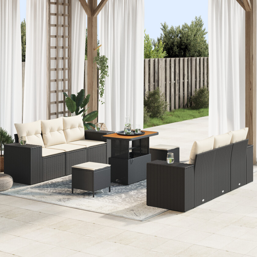 9-delt Hage Sofa Set med Puter Svart Poly Rattan Akasie, 3-delt Hage Spisebord Set med Puter Svart Poly Rattan Akasie