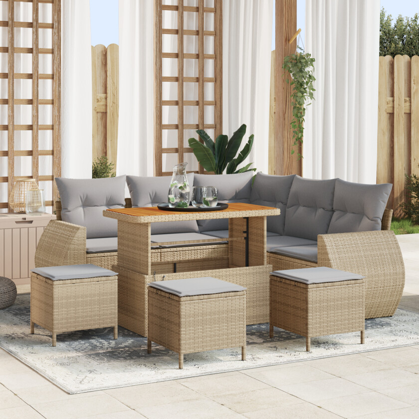 9-delt Hagesofa Sett med Puter Beige Poly Rattan Akasie, 4-delt Hage Spise Sett med Puter Beige Poly Rattan Akasie