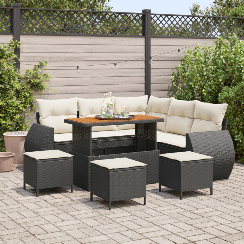 9-delt Hagesofa Set med Puter Svart Poly Rattan Akacia, 4-delt Hagedining Set med Puter Svart Poly Rattan Akacia